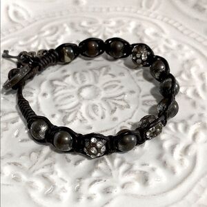 Fossil Black and Silver Beaded Rhinestone Bracelet Boho Rocker Rebel Whimsigoth